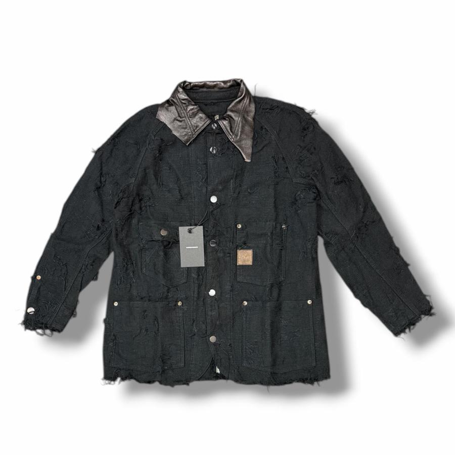 参考上代72600円 未使用 MINUS  24AW Rustic Collar Chore Jacket BORO Crust (NOIR) スティックカラーチョーレジャケット カバーオール マイナス M-24F-LO003 ブラック 1 （11280M） MINUS マイナス 24AW Rustic Collar Chore Jacket BORO Crust (NOIR
