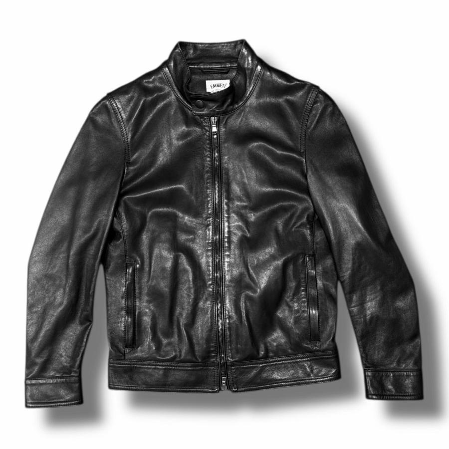 極美品✨️19,8万 エンメティ 撥水 ラムレザージャケット L 濃紺 軽量 国内正規 EMMETI ラムレザー シングルライダース ジャケット