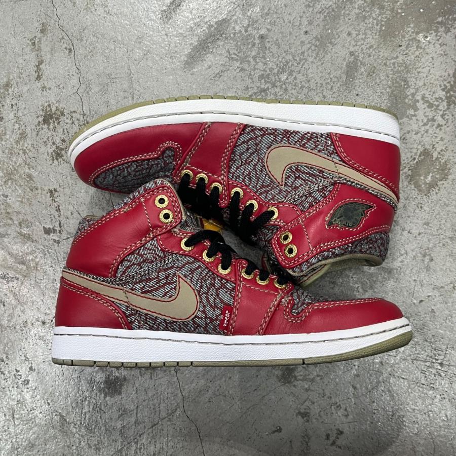 NIKE × Levi's ナイキ リーバイス Air Jordan 1 23/501 Mid Denim Pack Red Cement  コラボ スニーカー 332083-435 26cm 99598Aの画像