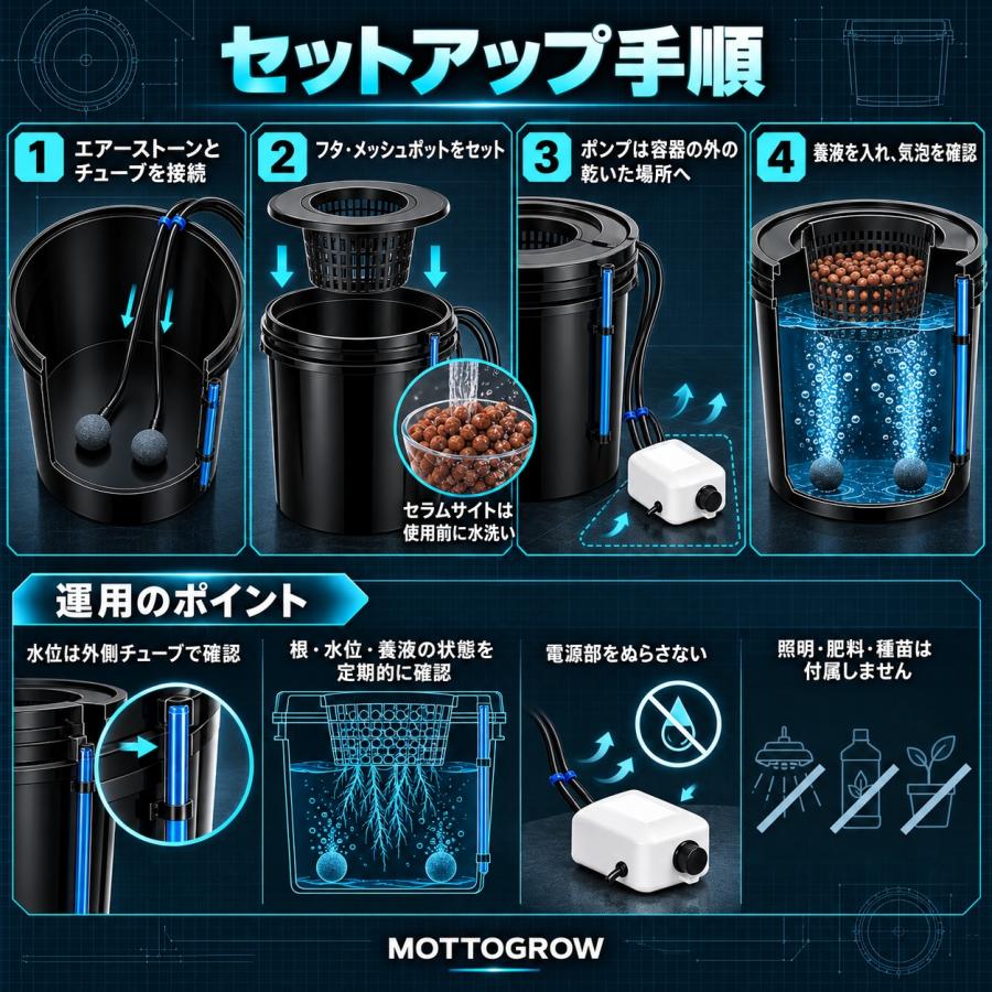 DWC水耕栽培 20リットル5ガロン シングルバケツ グロウキット セラム