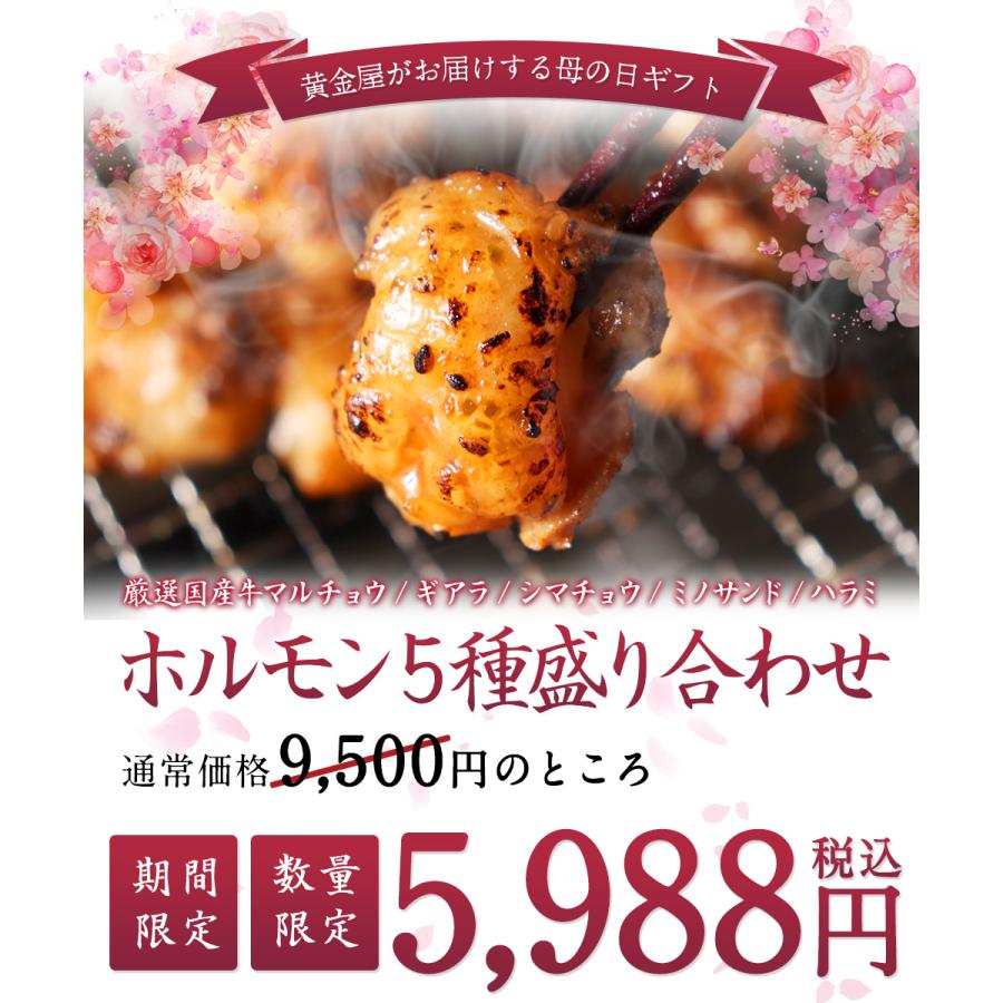 【衝撃36%OFF！通常9,500円→5,988円sale】母の日 ギフト プレゼント 2024 5種盛り合せ マルチョウ ミノサンド シマチョウ ギアラ ハラミ 送料無料 BBQ｜motunabe｜02