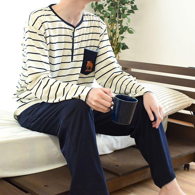 パジャマ メンズ 春夏 Moz モズ ブランド ニット生地 薄手 長袖 長ズボン 春 夏 紳士パジャマ M L A gh こだわり安眠館 ヤフー店 通販 Yahoo ショッピング
