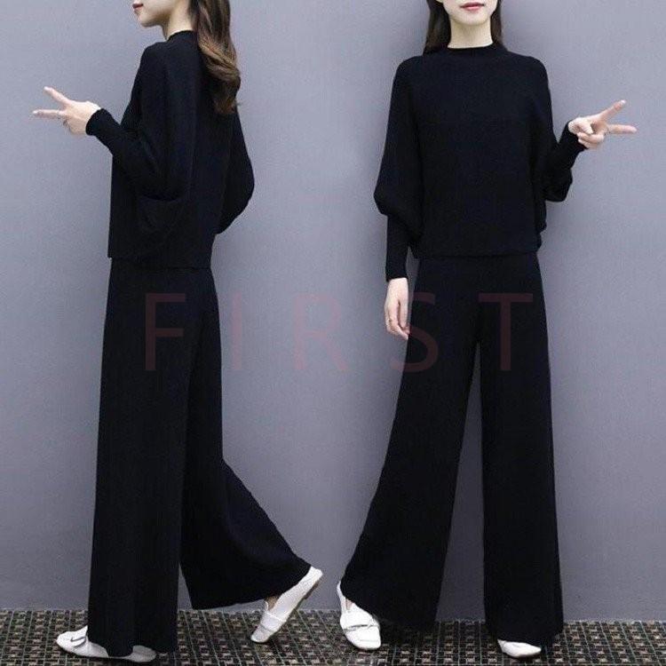 セットアップ レディース 40代 秋冬 長袖 ドルマンスリーブトップス 大きいサイズ オシャレ カジュアル2点セット Seal限定商品 着痩せ ワイトパンツ ロング丈