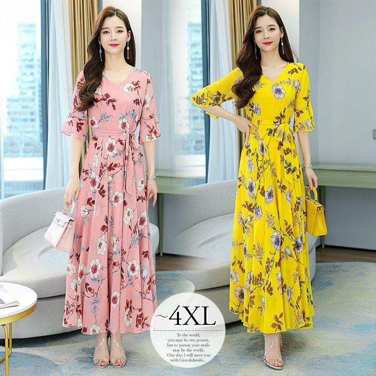 ワンピース ゆったり感 春 きれいめ レディース 大きいサイズ ファッション ワンピース フレアワンピース Vネック 花柄 フラワー 大人可愛い ピンク ゆったり感 イベント イエロー Moulin直販 2421mt 休日コーデ 魅力的 ヤフーショップ 人気驚きの値段 の