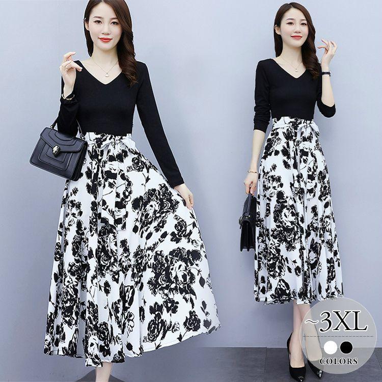 ワンピース 春 上品 長袖 きれいめ レディース 大きいサイズ ファッション フレアワンピース Vネック 花柄 レディース モノトーン 大人可愛い ママ ベーシック ホワイト ブラック ナ 休日 ヤフーショップ 2421mt 上品 Moulin直販 安い ショップオンライン