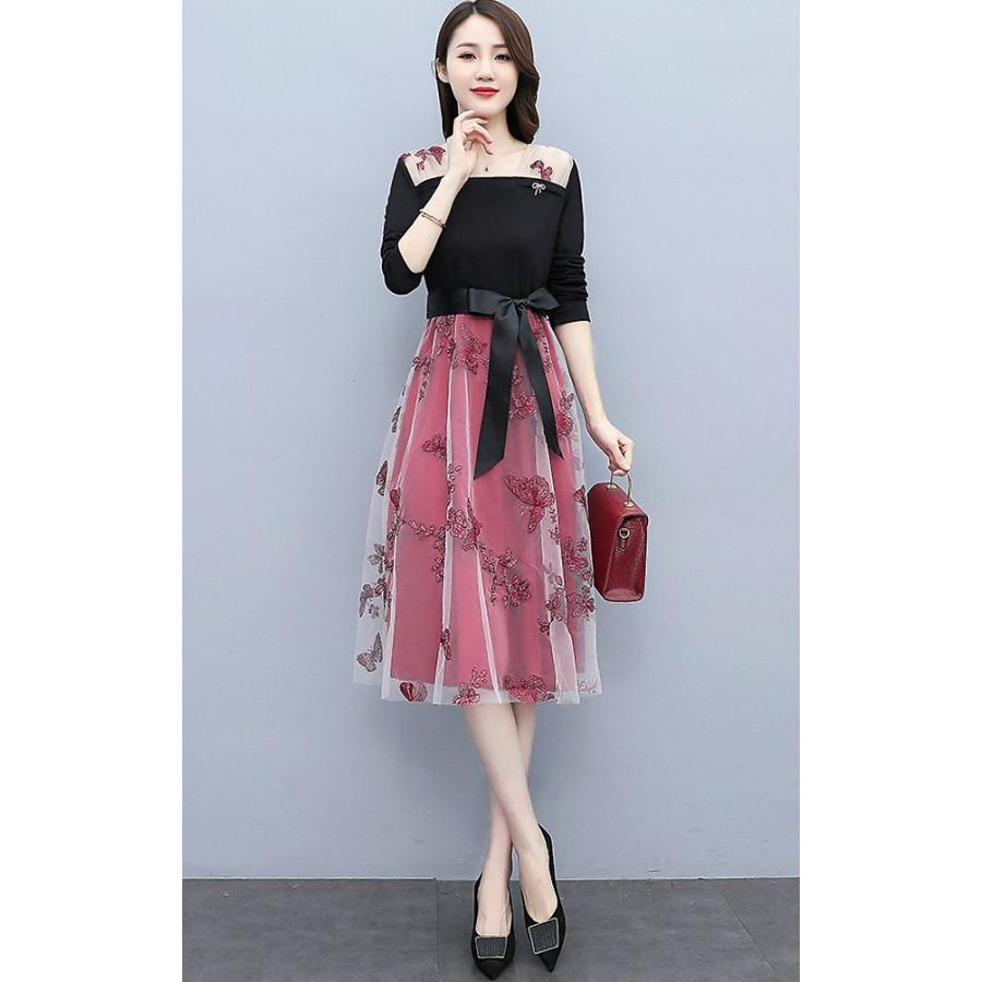 ワンピース レース レディース 長袖 ロング丈 レース 刺繍 美人 蝶 ファッション ウエストリボン 大人かわいい フェミニン ブラック レッド リラックス イベント清楚 お出かけ 美人 女子会 2421mt Moulin直販 ヤフーショップ