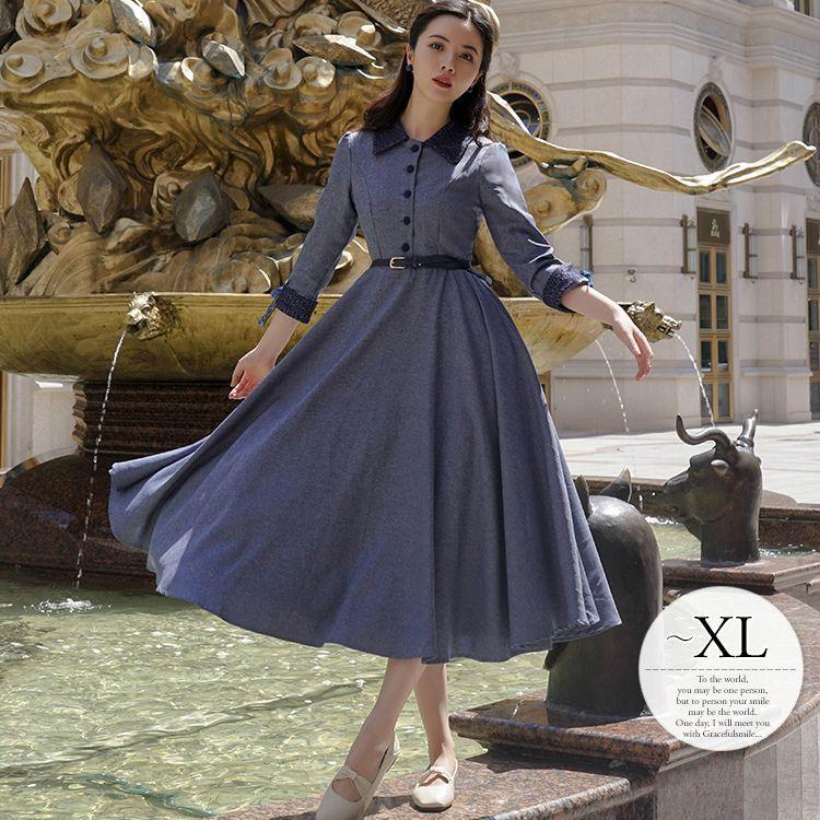 ワンピース ロングワンピ フレアワンピ レディースファッション リボン レース ガーリー フェミニン レトロスタイル ワンピース クラシカル 休日 襟付き ミセス おしゃれ レディース 休日 2421mt モダン ブルー Moulin直販 ヤフーショップ 当日出荷