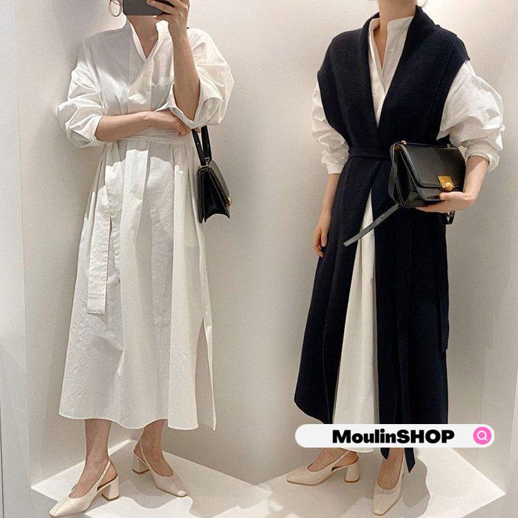 まとめ買いでお得 カジュアル 通勤 ワンピース 上品 黒ロング丈ニットベスト 秋冬 オシャレワンピース レディース シャツワンピース 長袖 40代 セットアップ 着痩せ オールインワン セットアップ