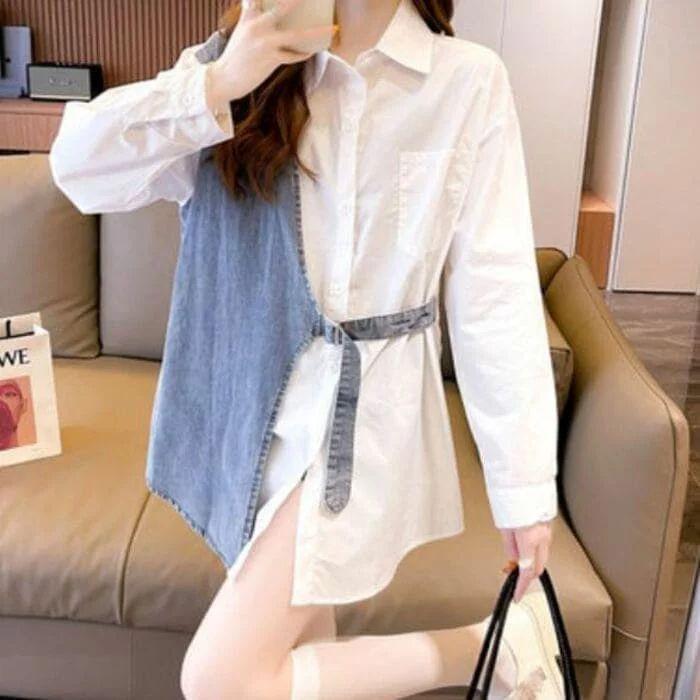 中学生 高校生 ファッション 重ね着風 シャツ デニム 切替 10代 韓国 おしゃれ レディース 春 秋 長袖 トップス 憧れ
