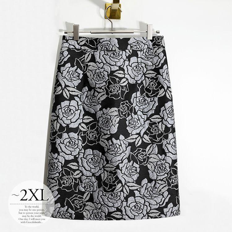 スカート エレガント ひざ丈 レディース 春 おしゃれ きれいめ 大きいサイズ ファッション タイトスカート 総柄 ボトムス パンツ 花柄 薔薇 大人可愛い ブラック モ シック ヤフーショップ M グレー エレガント Moulin直販 モノトーン