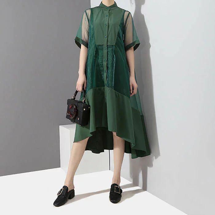 シースルーチュールワンピース ノースリーブワンピース 2点セット 透け 重ね着 レイヤード フレアシャツワンピース 半袖 羽織り ロングシャツ ロング ワンピ レデ 8eojrtteir ファッション Www Anchorcm Net