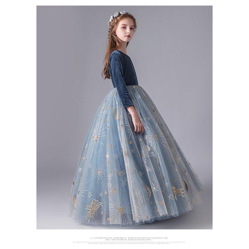 キッズ ドレス ピアノ 発表会 結婚式 ワンピース 女の子 子供 袖あり プリンセスライン 110 120 130 140 150 ロング イベント 演奏会 中学生 上品 エレガント ク ドレス キッズ ベビー 子ども服