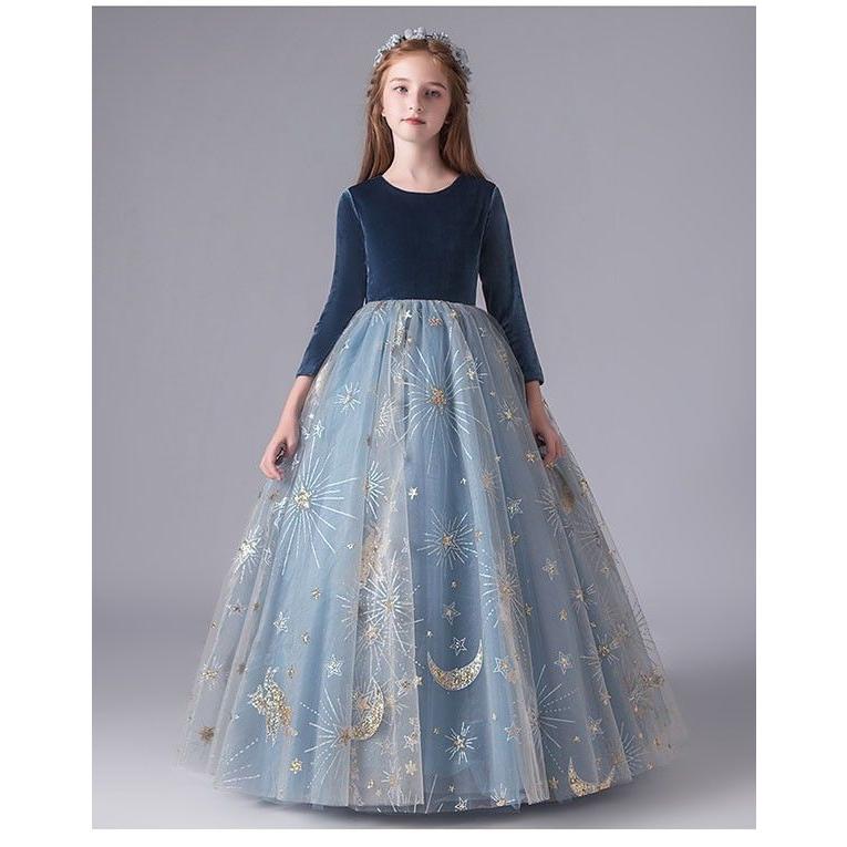 キッズ ドレス ピアノ 発表会 結婚式 ワンピース 女の子 子供 袖あり プリンセスライン 110 120 130 140 150 ロング イベント 演奏会 中学生 上品 エレガント ク ドレス キッズ ベビー 子ども服