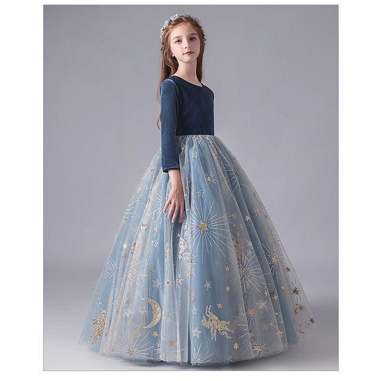 キッズ ドレス ピアノ 発表会 結婚式 ワンピース 女の子 子供 袖あり プリンセスライン 110 120 130 140 150 ロング イベント 演奏会 中学生 上品 エレガント ク ドレス キッズ ベビー 子ども服