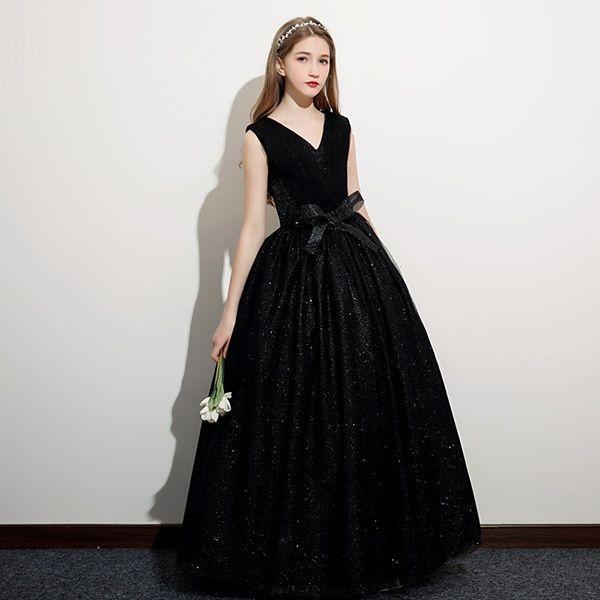 ロングドレス 160 ピアノ 発表会 中高生 高校生 ワンピース プリンセスドレス Aライン 発表会ドレス ノースリーブ Vネック コンクール フォーマル リボン付き こ ドレス フォーマル ベビー キッズ 子ども服