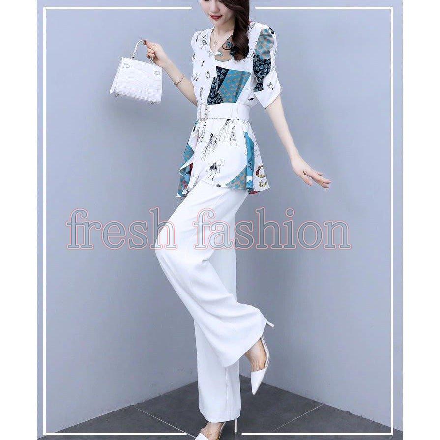 セットアップ レディース 夏 カジュアル コーデ 40代 トップス 半袖 Tシャツ チュニック シフォン 花柄 ワイドパンツ 大きいサイズ おしゃれ 着痩せ 通勤 上品 大特価放出