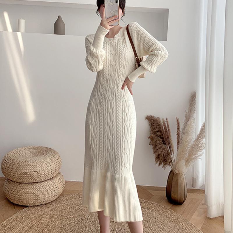 メール便送料無料対応可 レディース ニットワンピース ロングスカート 上品 Ol 通勤 秋冬 ワンピ 流行り カジュアル おしゃれ 膝丈 厚手 プリーツ フリル ワンピース サイズ M Www Premier Realty Co Ke