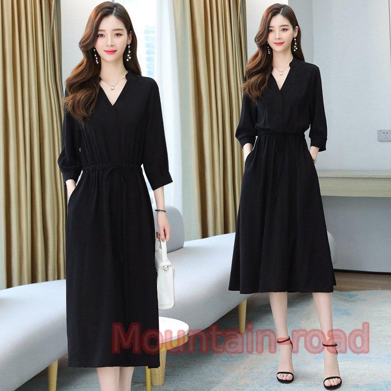 ワンピース レディース 40代 きれいめ マキシワンピース 夏 秋 七分袖ワンピース 黒シフォン Vネック Aラインスカート オシャレ大人 着痩せ カジュアル 50代 激安な