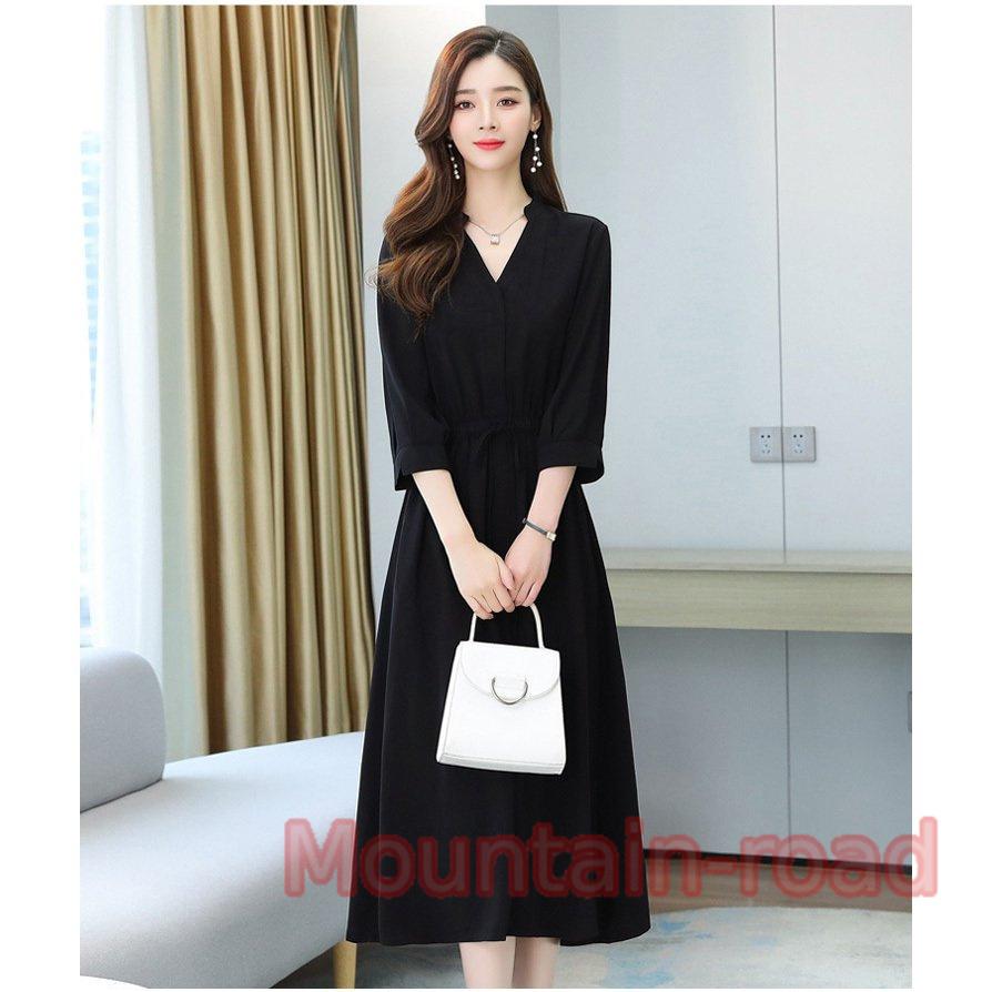 ワンピース レディース 40代 きれいめ マキシワンピース 夏 秋 七分袖ワンピース 黒シフォン Vネック Aラインスカート オシャレ大人 着痩せ カジュアル 50代 激安な
