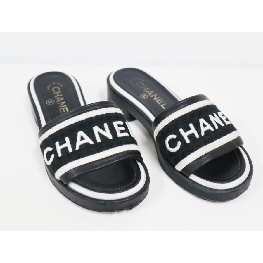 シャネル CHANEL G36557 ラムスキン キャンバス ロゴ フラット サンダル ブラック サイズ35 靴 CHANEL（シャネル） CHANEL G36557 ラムスキン キャンバス ロゴ