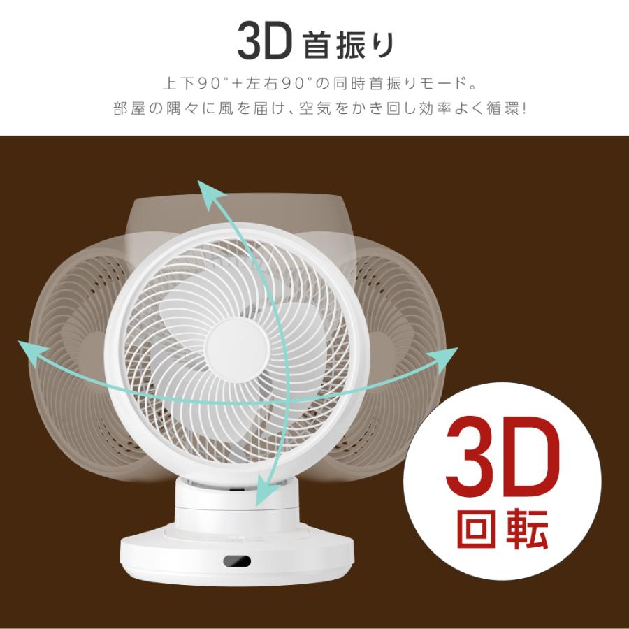 サーキュレーター 3D自動首振り DCモーター 2024新型 扇風機 卓上 12段階風量調節 静音 パワフル送風 空気循環 換気 梅雨 省エネ 節電 軽量 タイマー コンパクト｜movementstore｜05