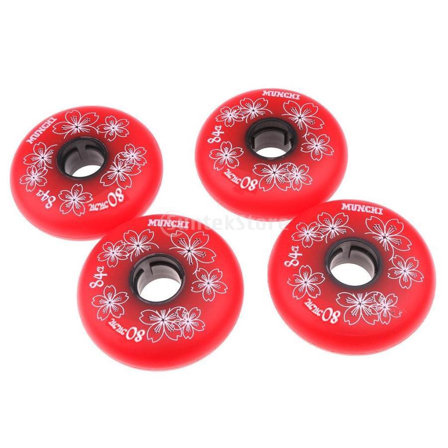 4個入り 桜の花柄 インライン ローラースケート 交換用 ウィール 耐摩耗性 全3色3サイズ 赤 80mm アイス、フィギュアスケート スケートトップストッパーローラーインラインスケートブレーキブロックブロッカーパッドプラグ黄色