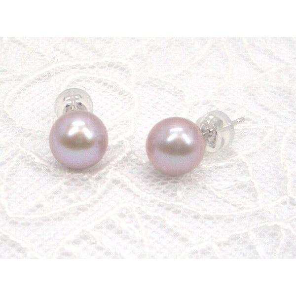 あこやに匹敵上質淡水、Ｋ14ＷＧ淡水真珠ピアスラベンダーカラー8.0mm(ラウンド)y-i-334