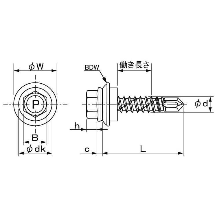 ４１０ピアスＢＤＷシールＨＥＸ　材質(ＳＵＳ４１０)　規格(6X45)　入数(200)