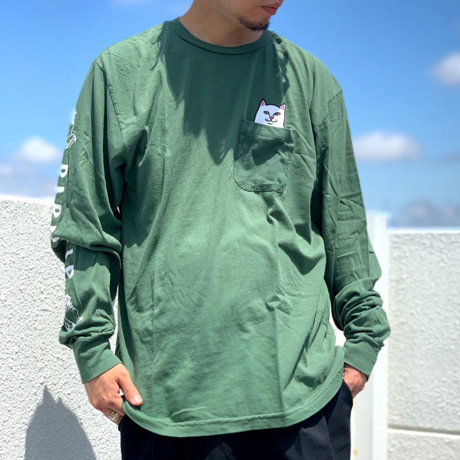 SALE セール 全2色 リップンディップ RIPNDIP ロンT Tシャツ LORD NERMAL L/S Tee 長袖 ネコ 猫 定番 ポケットTシャツ オリーブ OLIVE タン ベージュ｜mr-vibes