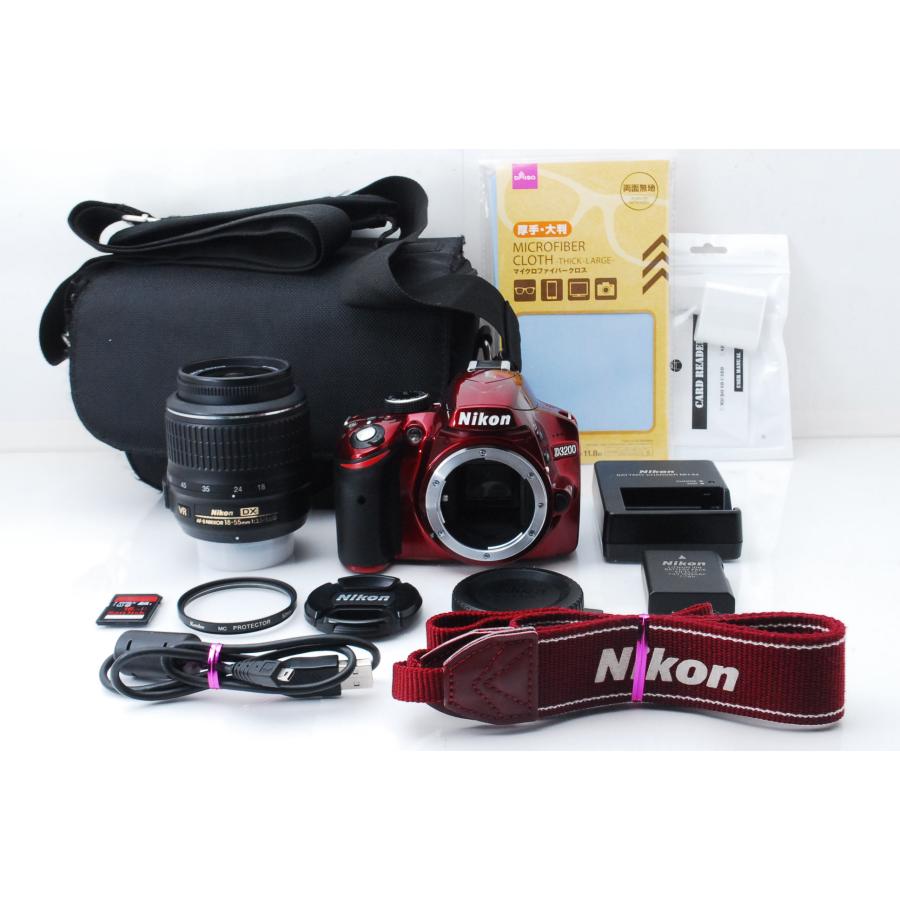 Nikon D3200 レンズ2本 SDカード付セット D3000 Nikon ニコン D3200 レッド レンズキット ショット数3982回
