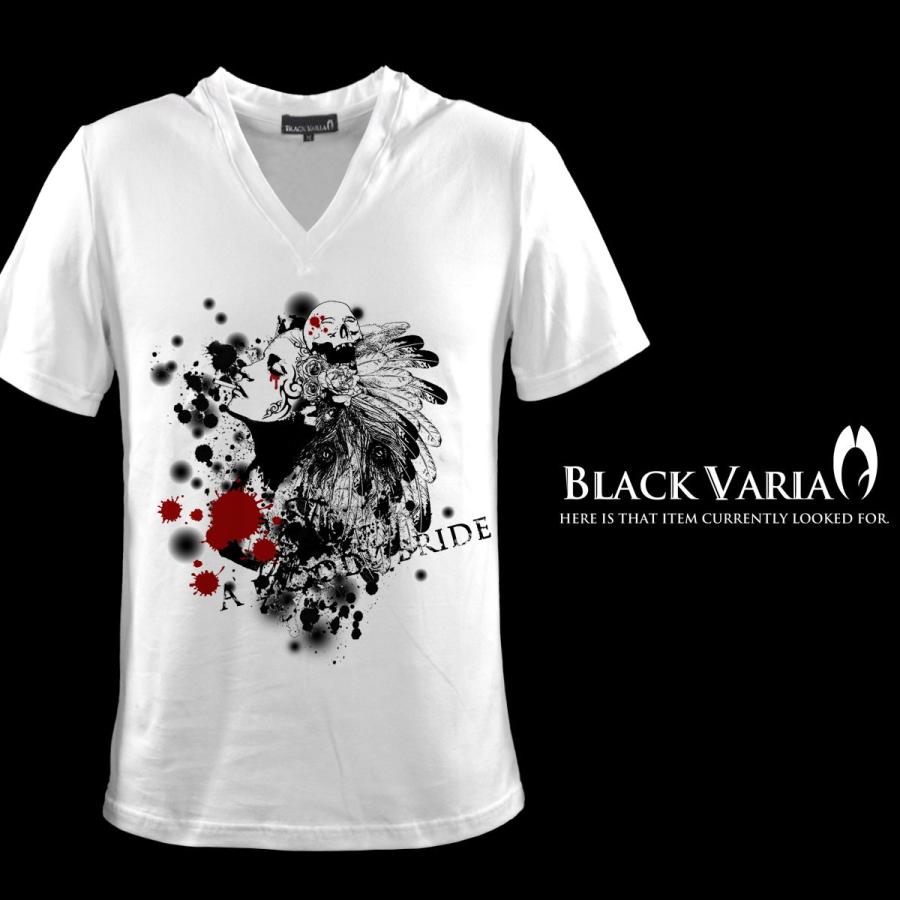 BlackVaria Tシャツ プリント Vネック ガールスカル 半袖 メンズ(ホワイト白) ztm002｜mroutlet