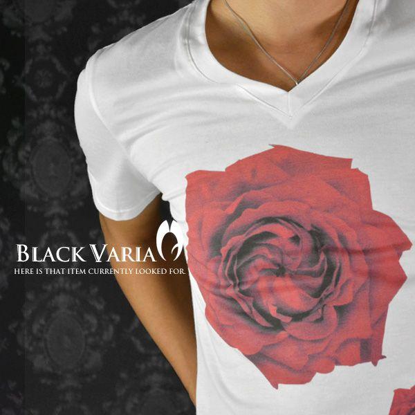 BLACK VARIA（ブラックバリア） Tシャツ 半袖 Vネック バラ柄 薔薇 花