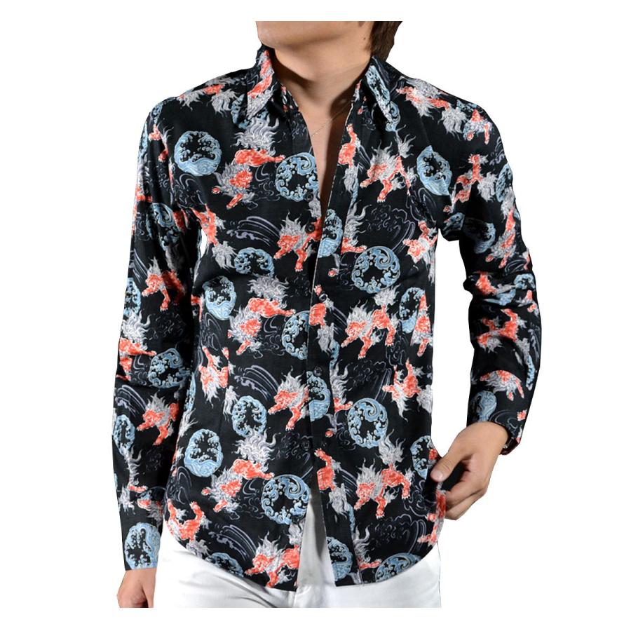長袖シャツ 和柄 リゾートシャツ 龍 獅子 波輪 雲 レギュラーカラー