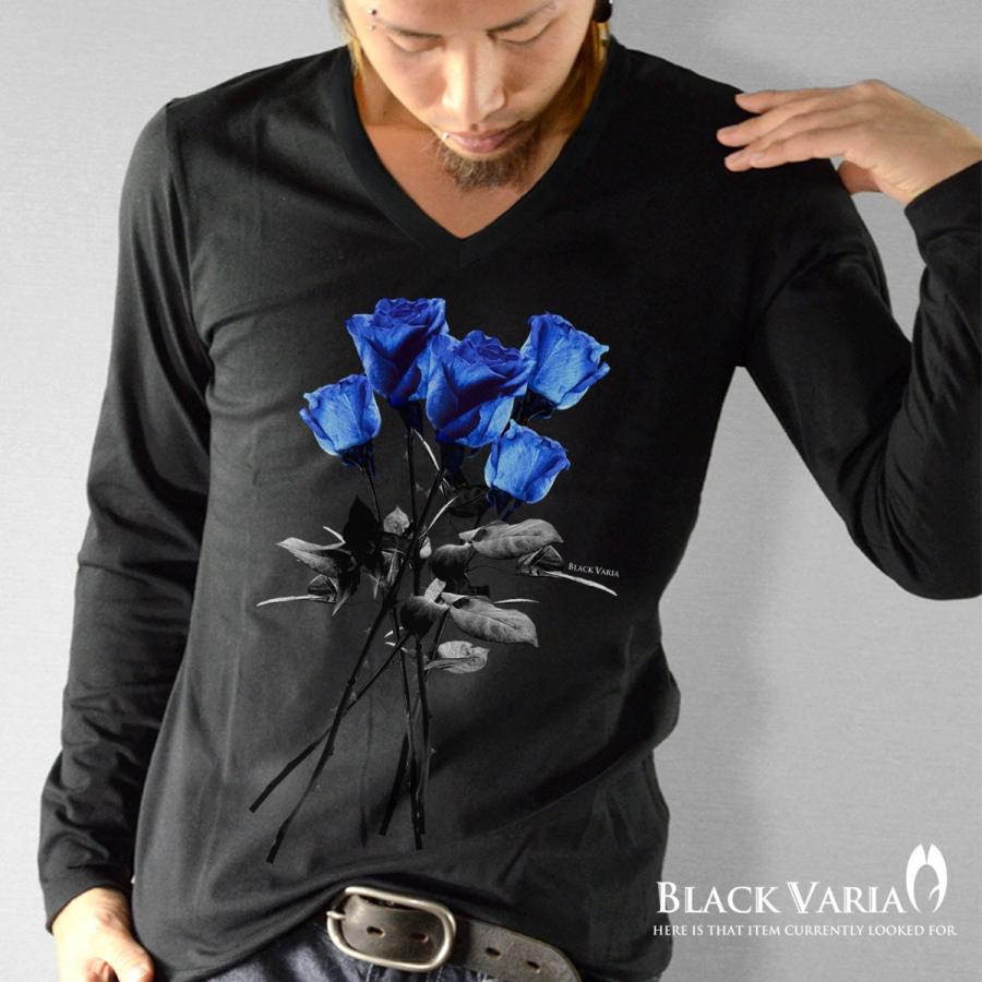 BlackVaria Tシャツ薔薇 バラ柄 花柄 Vネック プリント 長袖 ロンT メンズ(ブラック黒ブルー青) zkk025ls｜mroutlet｜02