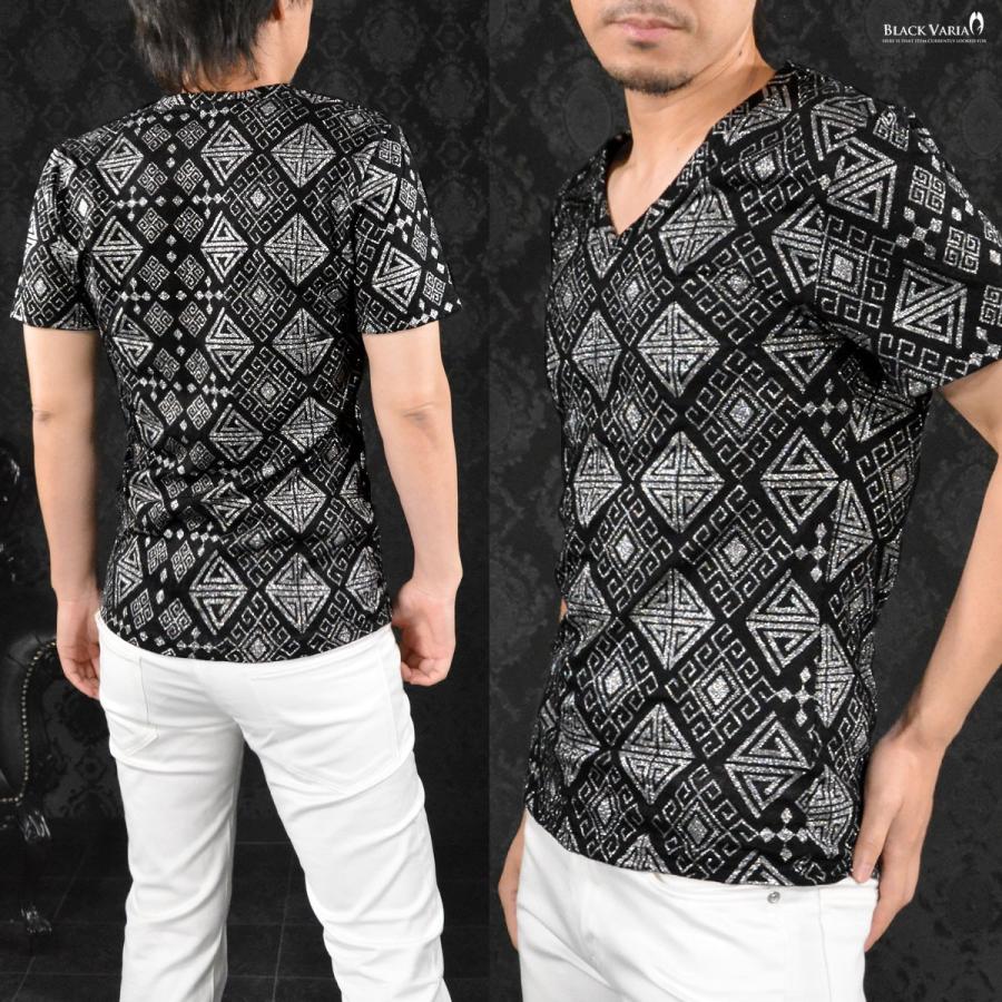 Blackvaria Tシャツ Vネック ラメ 幾何学模様 箔 メンズ ネイティブ柄 スリム 半袖 ブラック黒シルバー銀 1004 Bvb Bksi Black Varia 通販 Yahoo ショッピング