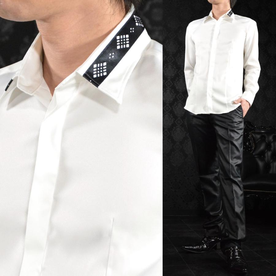 サテンシャツ レギュラーカラー 襟ライン 比翼 無地 ドレスシャツ メンズ(ホワイト白) 36111 :1006-hgm-36111-1