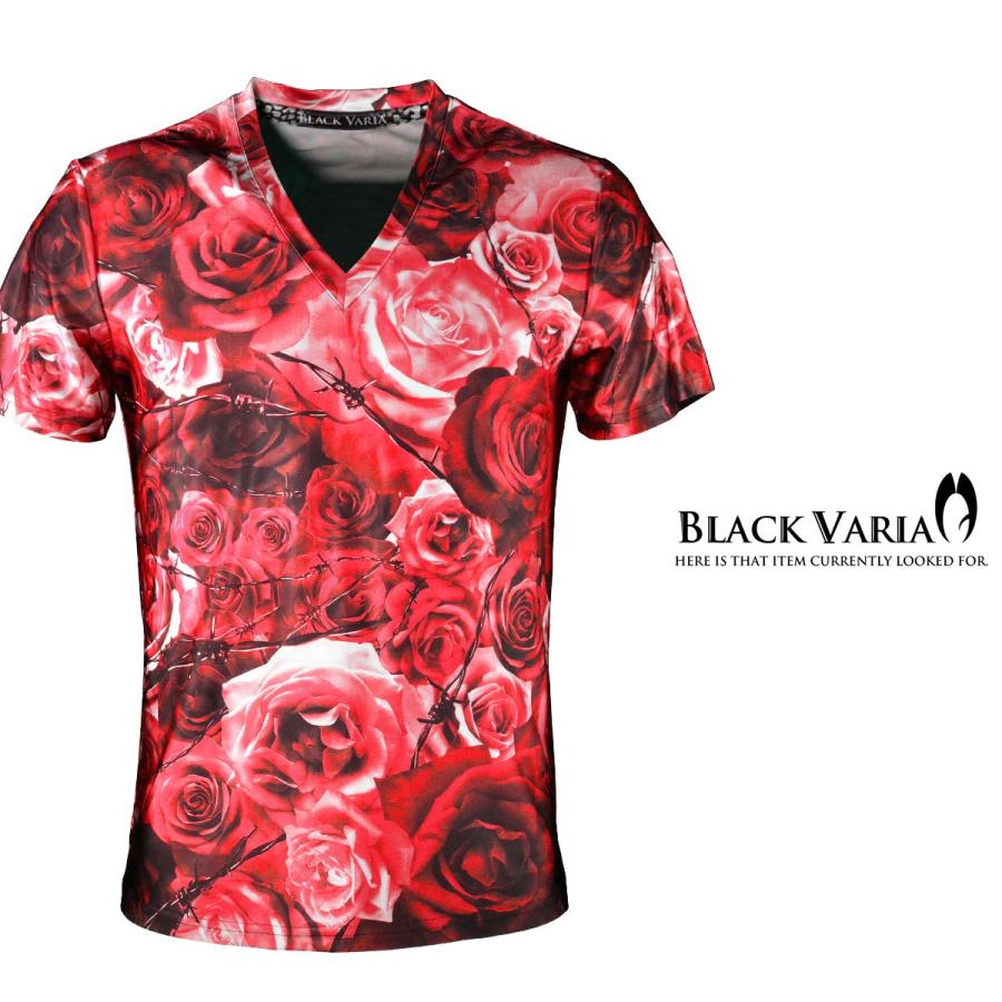BlackVaria Tシャツ 花柄 バラ柄 薔薇 Vネック 半袖Tシャツ メンズ(レッド赤) bv05｜mroutlet