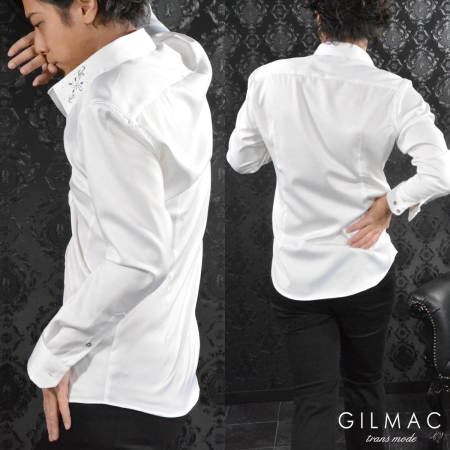 サテンシャツ 無地 日本製 レギュラーカラー 襟 花 ラインストーン