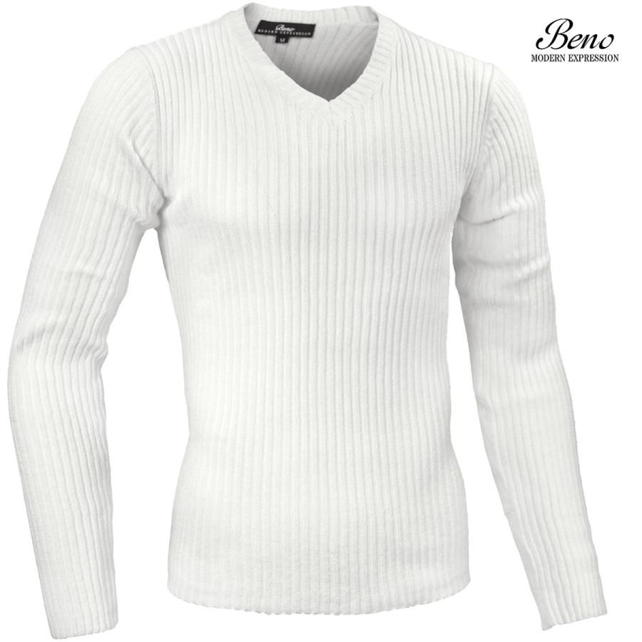 Beno Vネック ニット リブ 無地 2重臼編み メンズ セーター シンプル mens(ホワイト白) 130n2751｜mroutlet