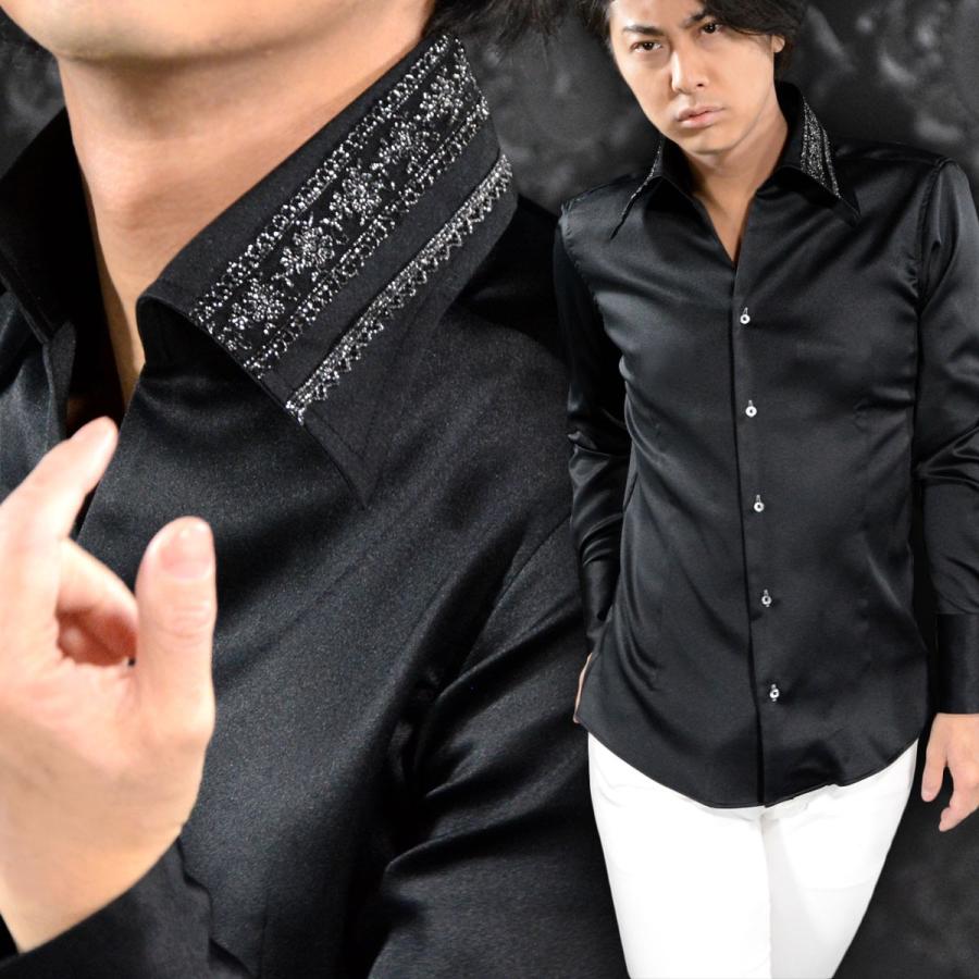 サテンシャツ スキッパー テープ レース 襟 無地 ドレスシャツ メンズ 細身 日本製 結婚式 長袖シャツ(ブラック黒) 36744