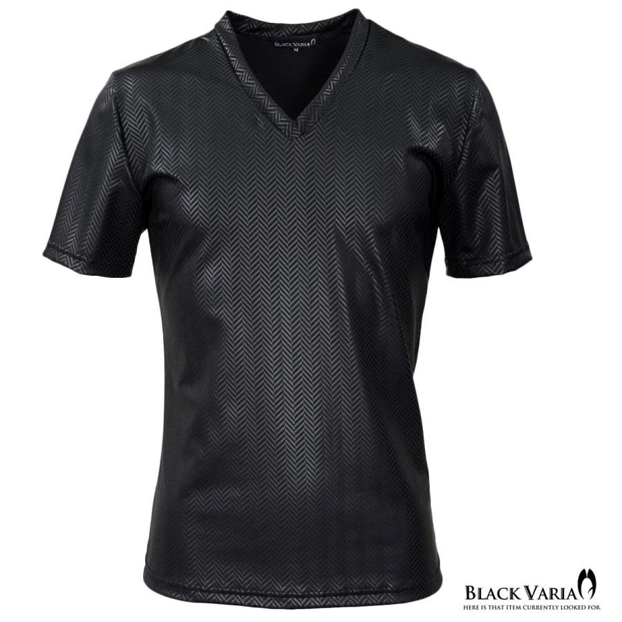 BlackVaria Tシャツ Vネック ヘリンボーン マット 日本製 メンズ 細身 シンプル 半袖Tシャツ(ブラック黒) 163917｜mroutlet
