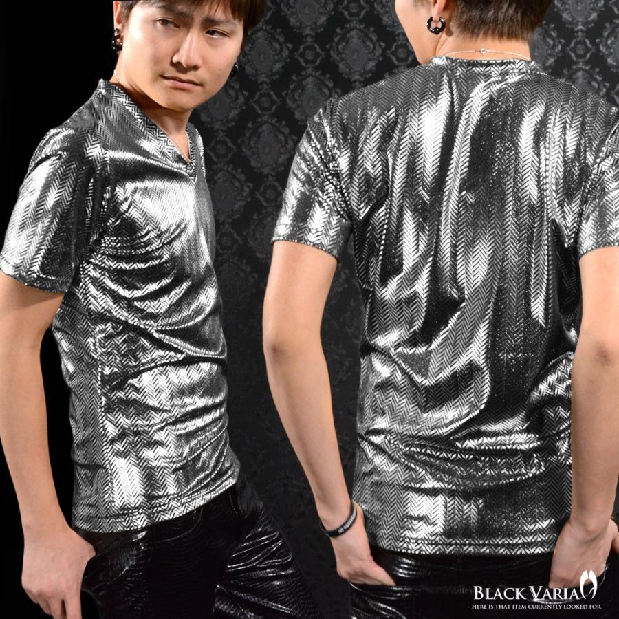 BlackVaria Tシャツ Vネック ヘリンボーン メタリック 光沢 箔 日本製 メンズ 細身 半袖Tシャツ(シルバー銀ブラック黒) 163917｜mroutlet｜06