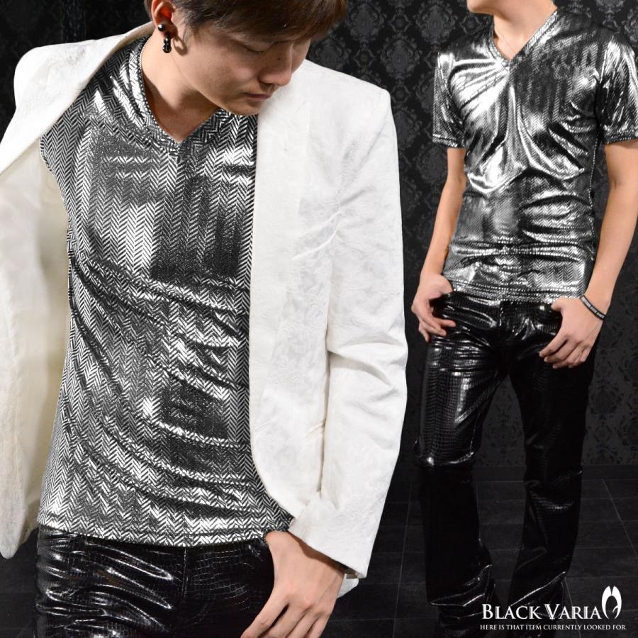 BlackVaria Tシャツ Vネック ヘリンボーン メタリック 光沢 箔 日本製 メンズ 細身 半袖Tシャツ(シルバー銀ブラック黒) 163917｜mroutlet｜07
