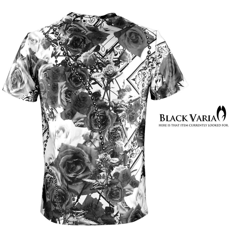 BlackVaria Tシャツ 薔薇柄 花柄 バラ チェーン柄 総柄 Vネック 半袖Tシャツ(ブラック黒) bv09｜mroutlet｜05