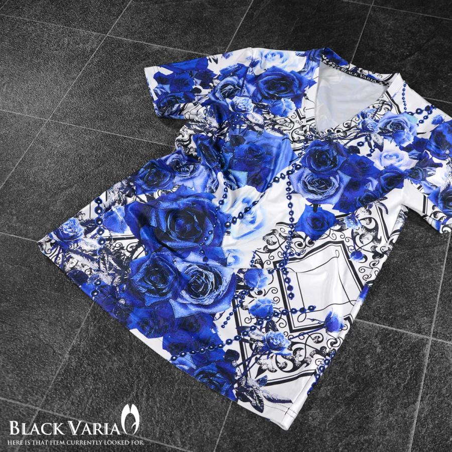 BlackVaria Tシャツ 薔薇柄 花柄 バラ チェーン柄 総柄 Vネック 半袖Tシャツ(ブルー青) bv09｜mroutlet｜02