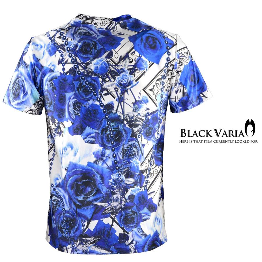 BlackVaria Tシャツ 薔薇柄 花柄 バラ チェーン柄 総柄 Vネック 半袖Tシャツ(ブルー青) bv09｜mroutlet｜05