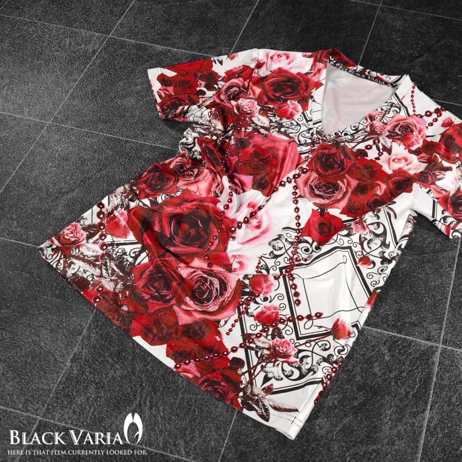 BlackVaria Tシャツ 薔薇柄 花柄 バラ チェーン柄 総柄 Vネック 半袖Tシャツ(レッド赤) bv09｜mroutlet｜02
