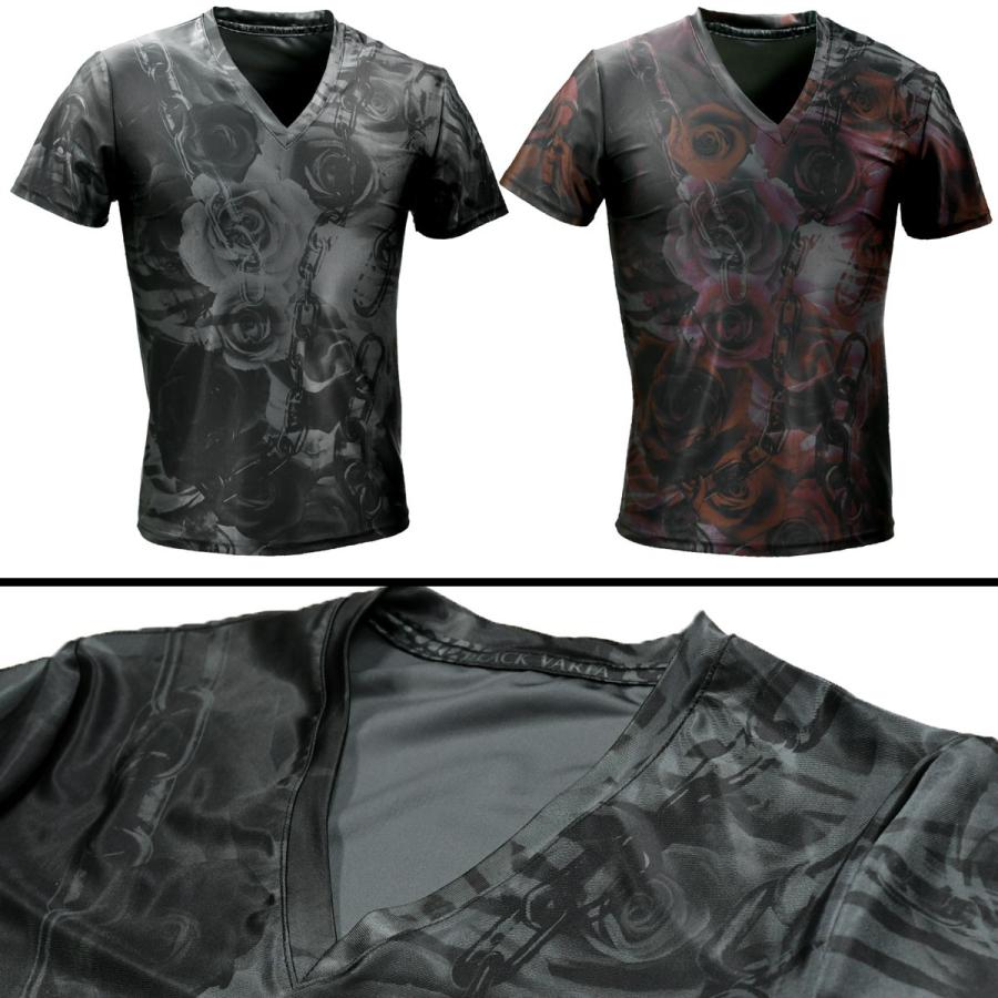 BlackVaria Tシャツ 薔薇柄 チェーン柄 花柄 鎖 Vネック 吸水速乾 半袖 mens メンズ(グレー灰ブラック黒) bv10｜mroutlet｜03