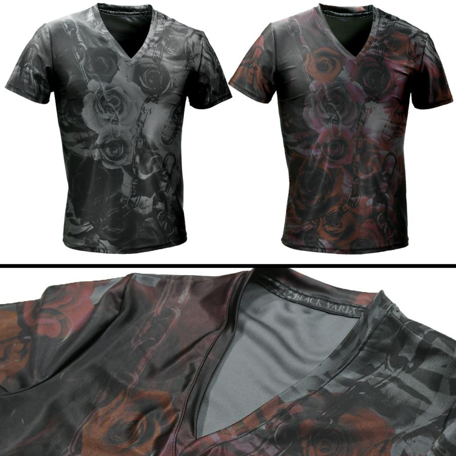 BlackVaria Tシャツ 薔薇柄 チェーン柄 花柄 鎖 Vネック 吸水速乾 半袖 mens メンズ(グレー灰レッド赤) bv10｜mroutlet｜03