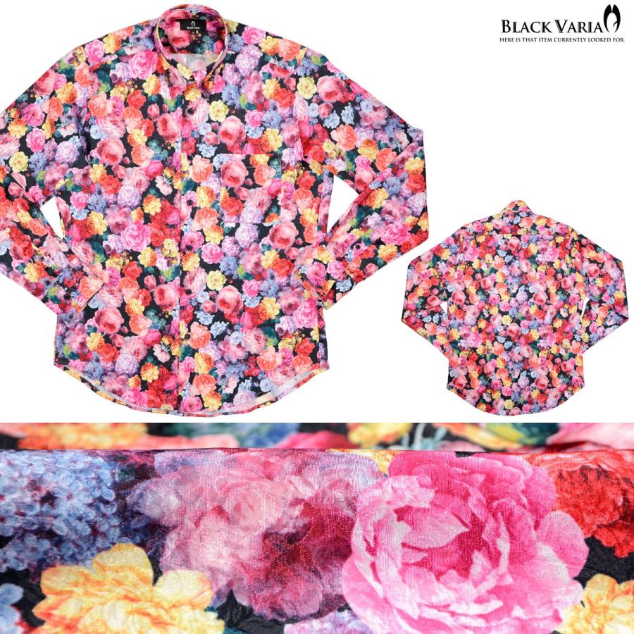 BLACK VARIA（ブラックバリア） サテンシャツ ドレスシャツ 花柄 薔薇